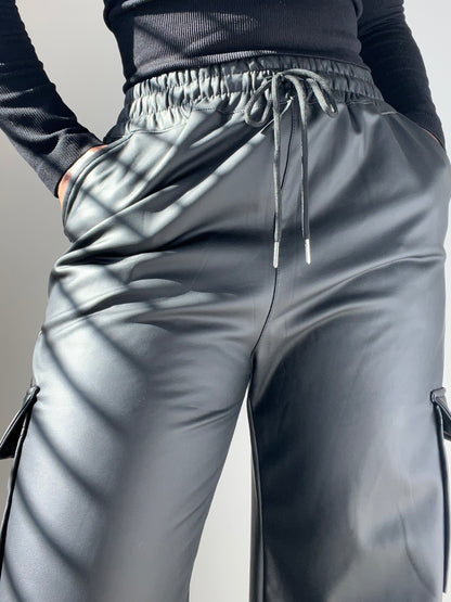 FAUX LEATHER CARGO PANTS